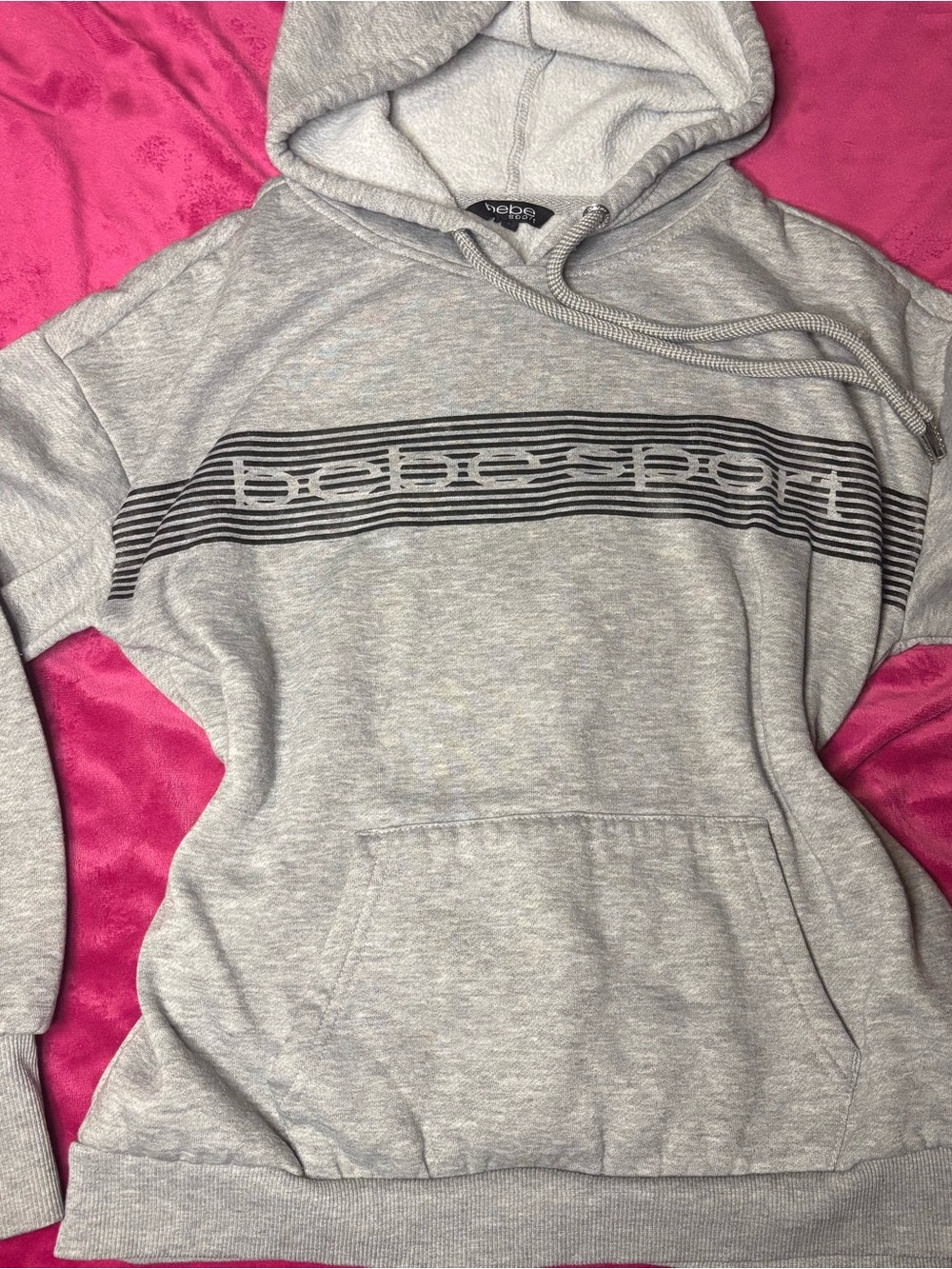 bebe Gray Hooded Pullover Sweatshirt with Black Stripe Logo